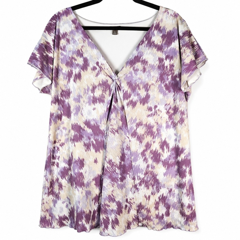 J. Jill Top Womens XL Purple Abstract Boho Casual Ikat Knot Front Flutter Sleeve